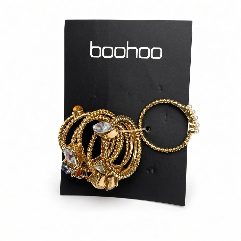 Boohoo Pastel Stone & Pearl Stacking Rings Set Gold Tone One Size Fashion Jewelr